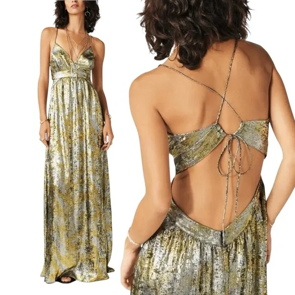 BA&SH Franckie Mixed Metallic Open Back Maxi Dress - Picture 1 of 11